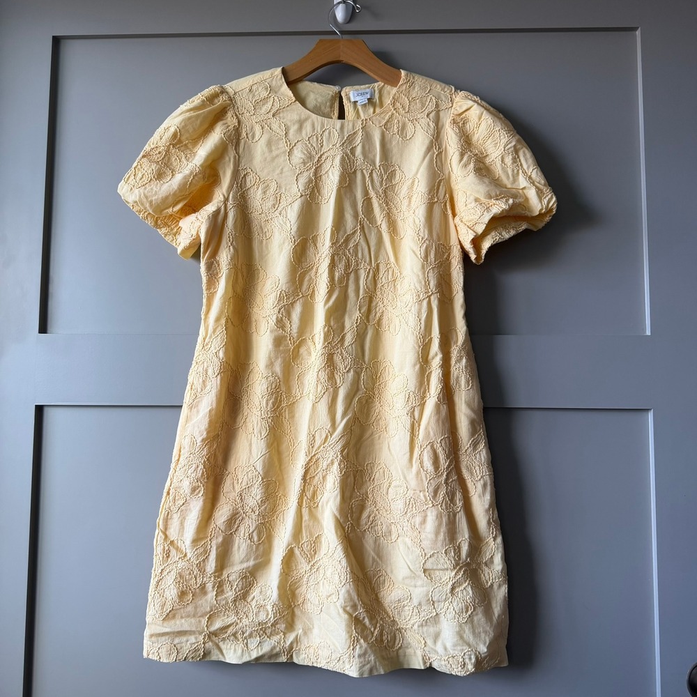 J.Crew Butter Yellow Floral Embroidered Shift Dress 8 Puff Sleeve Mini CI022 NWT